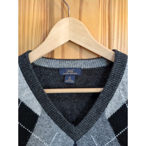 Brooks Brothers Sweater Mens XL Gray Scottish Lambswool Argyle Diamond V Neck - Picture 3 of 12